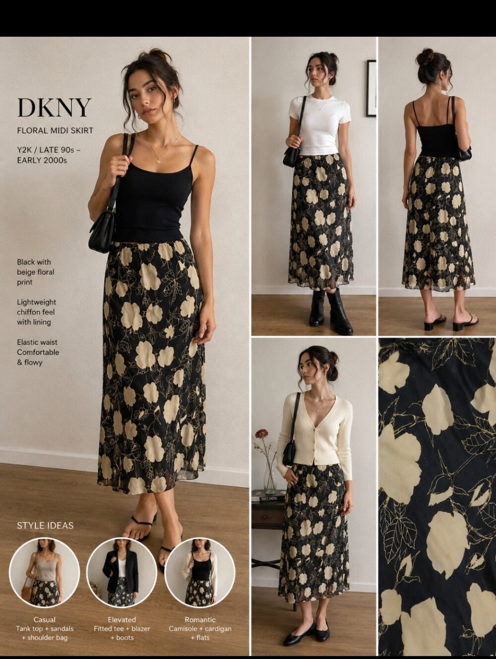 CITY  Y2KDKNY Black and Beige Floral Midi Skirt Vintage Elasric Waist Small